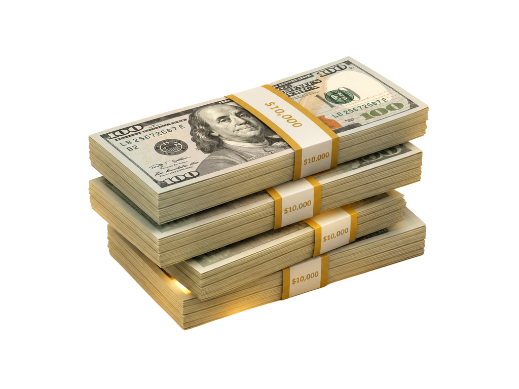 Bundled funds glowing with gold light